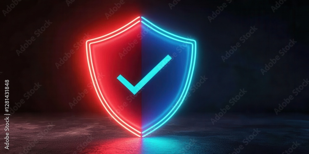 Poster neon shield icon with a check mark, symbolizing security and protection in a dark setting.