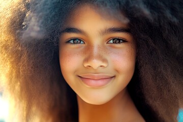 Long coiffure - afro hair. Commercial ad conceptual art. Gorgeous smiling mixed-race girl - for ads, billboard and social apps marketing use. Vibrant colored hair advertising.