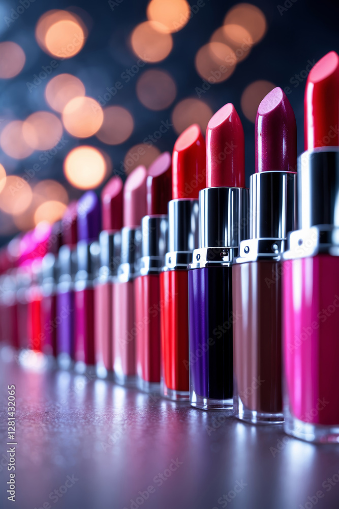 Poster bright and colorful lipstick collection showcased on a dark surface illuminated by soft bokeh lights