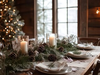 Fototapeta premium A beautifully decorated rustic wooden table for a Christmas dinner