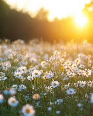 Fototapeta premium Serene daisy field bathed in golden sunlight at sunset creating a tranquil and peaceful atmosphere with a bokeh background