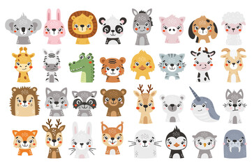 Cute animals set isolated, cute forest, safari, polar, farm animals, kids vector cartoon