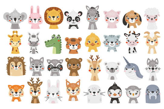 Cute animals set isolated, cute forest, safari, polar, farm animals, kids vector cartoon