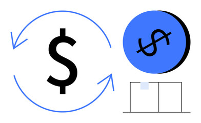 Circular arrows surrounding a dollar sign, blue coin with black dollar symbol, and a minimal graph. Ideal for finance, investment, business strategy, currency exchange, savings, economy and fiscal