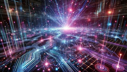 Obraz premium Glowing Digital Circuit Network Background with Neon Connections
