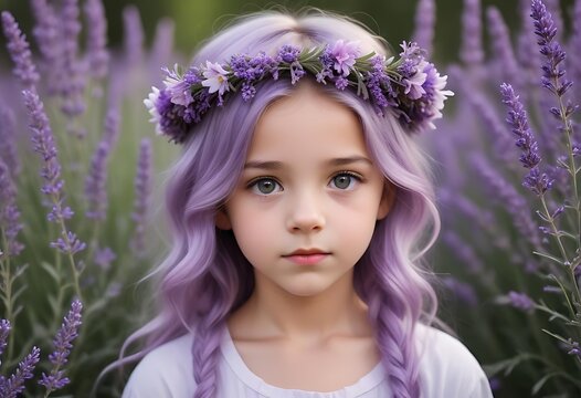 A young girl with lavender hair and a flower crown