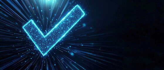 Glowing blue checkmark with digital particles on a dark background.