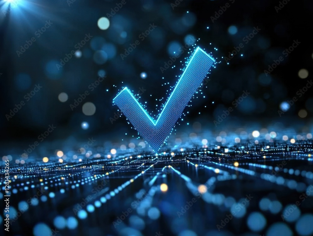 Poster digital blue check mark glowing in a dark, sparkling environment, symbolizing approval and verificat