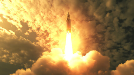 Powerful space rocket launching from Earth to the Sun through dramatic clouds at sunset, exploration and achievement concept