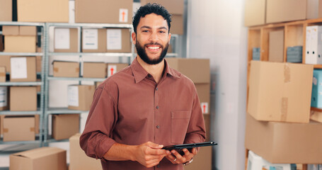 Portrait, ecommerce and happy man with tablet in small business for stock, logistics and...