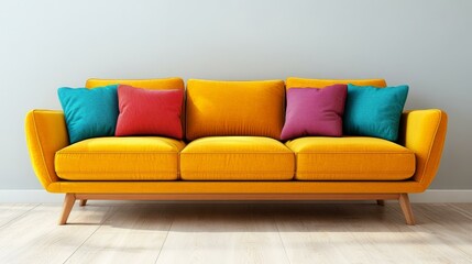 Modern Stylish Yellow Sofa with Colorful Cushions