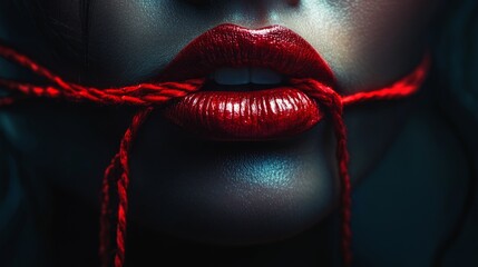 A woman's lips are tied with a red rope