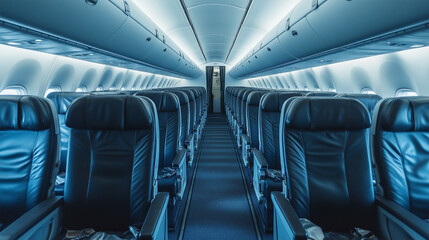 A plane with many seats and a blue carpet