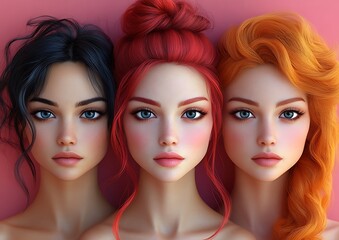 Naklejka premium Colorful Mannequins with Unique Hairstyles on Pink Background