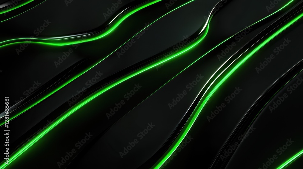 Poster a striking abstract image featuring undulating black surfaces illuminated by vibrant green neon ligh