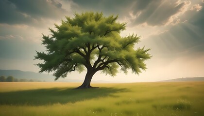 Fototapeta premium A solitary green tree stands within an open green field