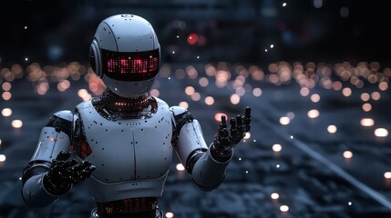 Naklejka premium Futuristic Robot with LED Lights in Dark Setting