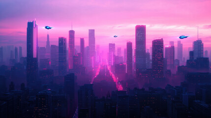 Fototapeta premium Retro Future Cityscape. Futuristic cityscape with vibrant colors and flying objects in the sky.