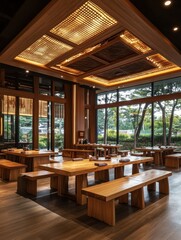 A modern restaurant showcasing wooden dining tables with benches