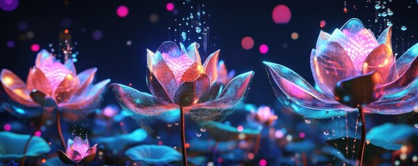 A cyber-futuristic Songkran celebration, people using AI-generated water holograms, digital lotus flowers floating in the air