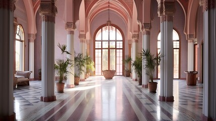 Obraz premium Serene Pink Palace Hallway: Architectural Grandeur and Tranquility