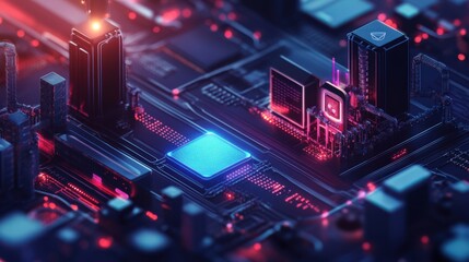 Fototapeta premium A computer chip is shown in a cityscape with buildings in the background