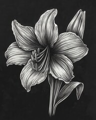 Elegant monochrome floral illustration of a lily on a dark background artistic botanical drawing of a flower