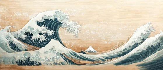 Fototapete Handpainted Japanese wave motif on textured wooden panel, softly faded with time © niti