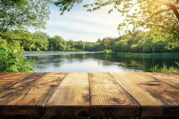 Serene lake view with lush green trees under a bright sky and rustic wooden table surface in foreground