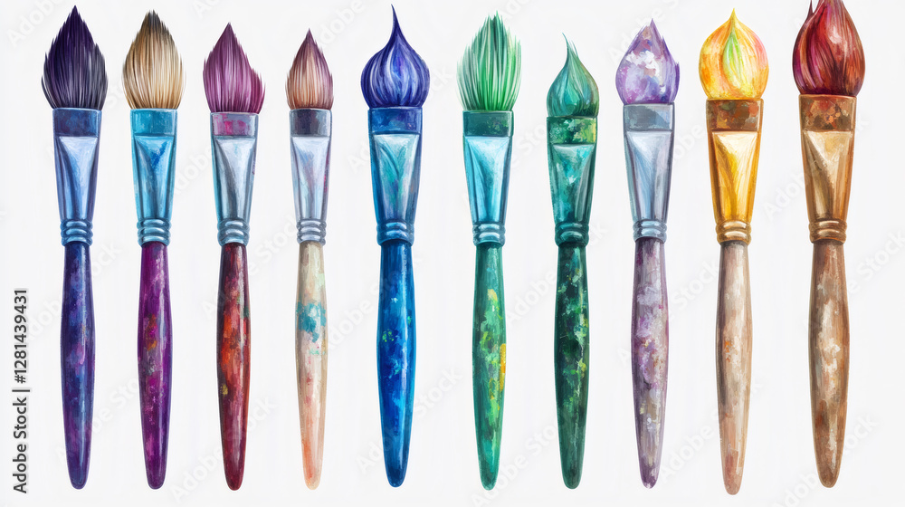 Poster row of colorful paintbrushes with paint splatters on handles, standing upright against a white backg