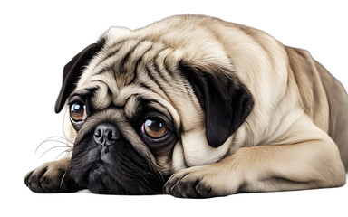 A cute Pug with a wrinkled face tilting its head, isolated on a empty plain background