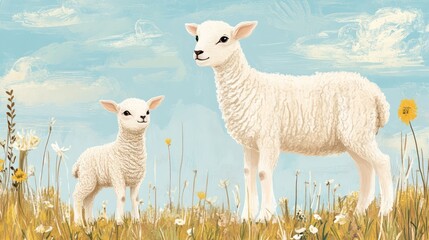 Fototapeta premium Colorful growth chart showing lamb’s development from newborn to adult with measurements.