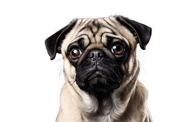 Obraz premium A cute Pug with a wrinkled face tilting its head, isolated on a empty plain background