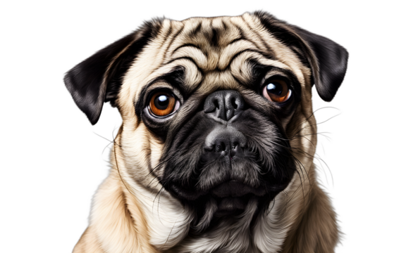 A cute Pug with a wrinkled face tilting its head, isolated on a empty plain background
