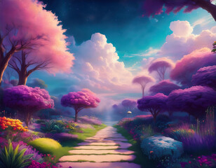 Magical path leading through a colorful hidden garden in the clouds