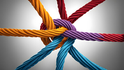 A rope with different colored strings is tied together in a knot
