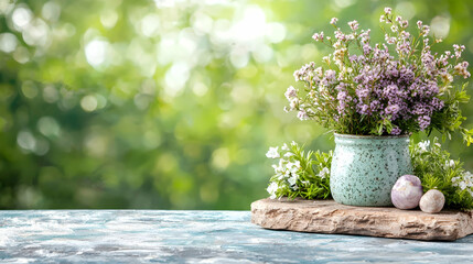 Spring flowers in pot on wooden table, garden bokeh background, nature scene, perfect for greeting cards