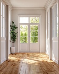 Fototapeta premium Bright Interior View of a Hallway with Wooden Floor Plant and White Doors Leading to a Lush Green Garden