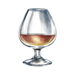 A glass of cognac. Handmade watercolor illustration. A color image of an alcoholic beverage. Separate from the background. Perfect for menus, banners, flyers, packages, labels, invitations, and more.