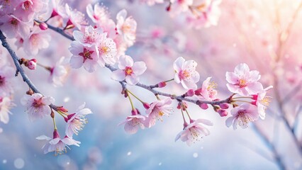 Obraz premium Delicate cherry blossoms with intricate frosty patterns, set against a soft white or pastel colored background, showcasing the beauty of winter's chill, blossom frost, frosty flowers