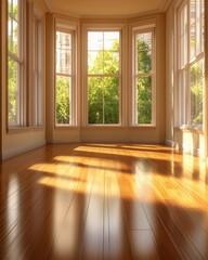 Fototapeta premium Bright Empty Room with Sunlight Streaming Through Windows and Gleaming Hardwood Floor in Elegant Interior Design