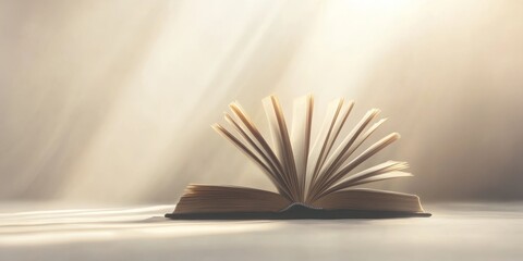 An open book in a calm atmosphere emphasizing knowledge and learning. Book in warm and academic vibe on clean and soft background.