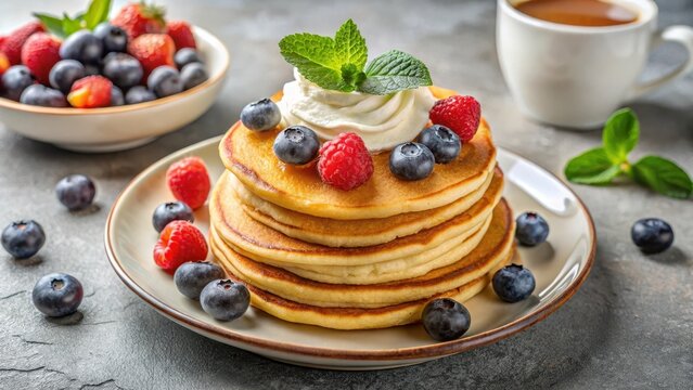 Delicious banana protein pancakes on a plate with fresh fruit and yogurt, plate of food