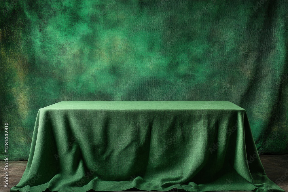 Poster emerald green linen tablecloth drape on table with matching backdrop in studio for product photograp