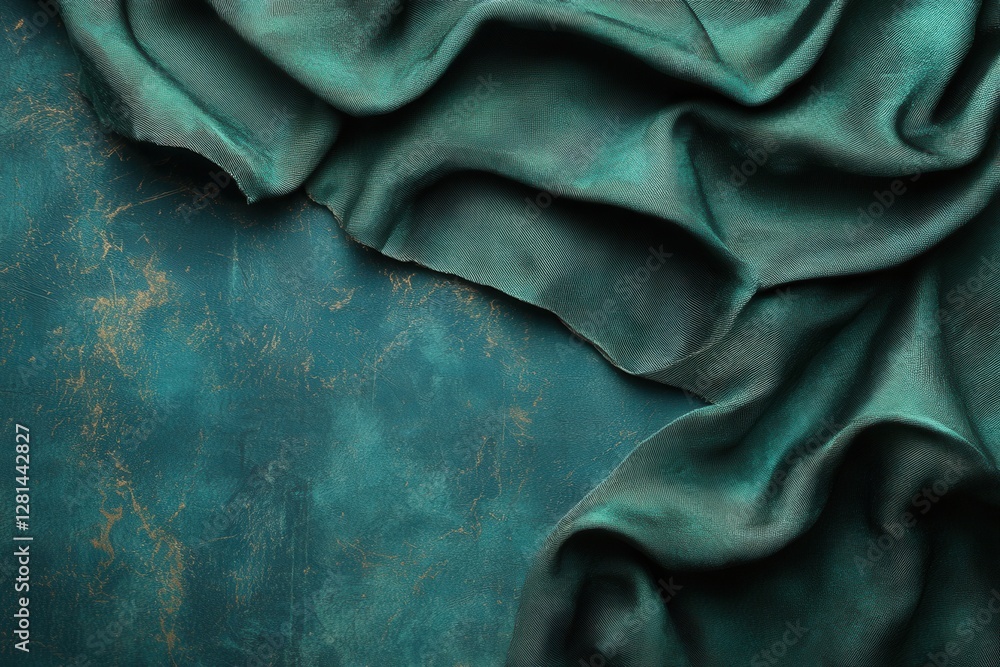 Poster elegant teal silk fabric draped on textured backdrop creating a luxurious and sophisticated visual m