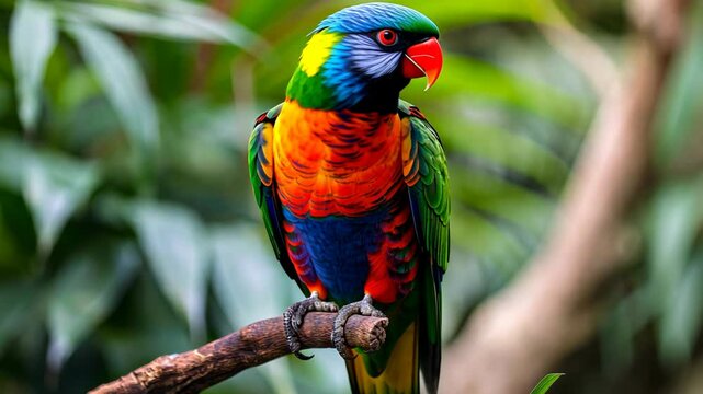 colorful parrot bird in lush green nature landscape, tranquil forest, bird in nature background	
