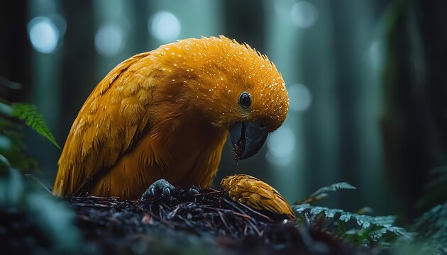 A golden parrot sits near the nest containing its offspring