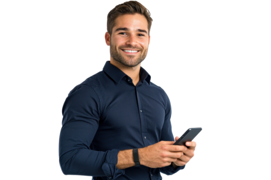 Confident young man in a modern outfit holding a phone, smiling warmly. Generated AI