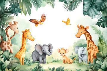 Cute cartoon safari zoo with animal frame border on background in watercolor style.
