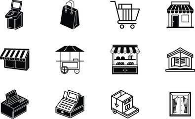 Retail Store Icons Shops, Carts, POS Systems, and Shopping Bags